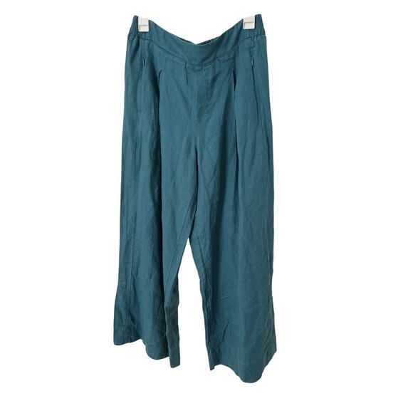 Athleta Playa Pants 100% Linen Teal Blue 12T Tall Wide Leg Zipper Pocket Cropped - Picture 1 of 6